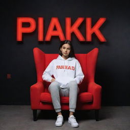 An 18-year-old girl in a white hoodie and sneakers, sitting casually on a wingback chair. She looks forward, with 'Pankaj' displayed in large, red neon letters on a black wall behind her. Render in 3D for a striking profile picture.