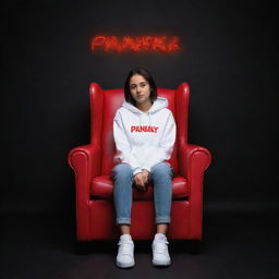 An 18-year-old girl in a white hoodie and sneakers, sitting casually on a wingback chair. She looks forward, with 'Pankaj' displayed in large, red neon letters on a black wall behind her. Render in 3D for a striking profile picture.