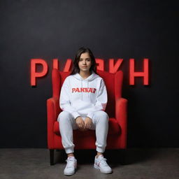 An 18-year-old girl in a white hoodie and sneakers, sitting casually on a wingback chair. She looks forward, with 'Pankaj' displayed in large, red neon letters on a black wall behind her. Render in 3D for a striking profile picture.