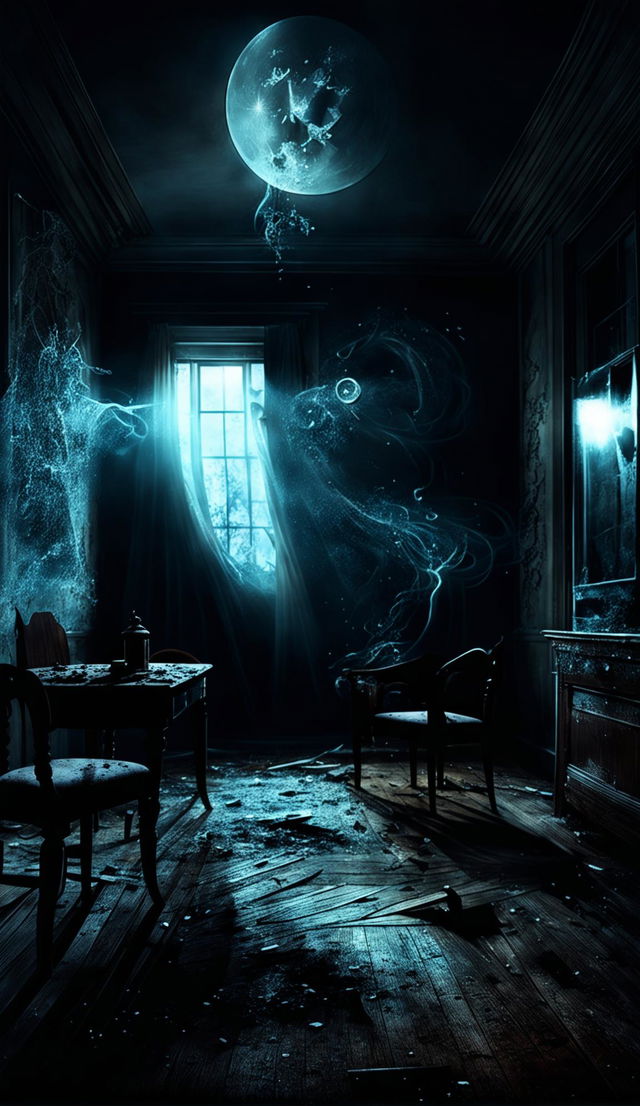 A cinematic 8K digital art image of a decrepit room filled with antique relics, bathed in unsettling lighting, and inhabited by an insidious spectral entity.