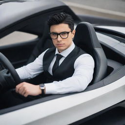 A stylish and handsome white boy with black hair and glasses, sitting behind the wheel of an ultra-modern hypersport car.