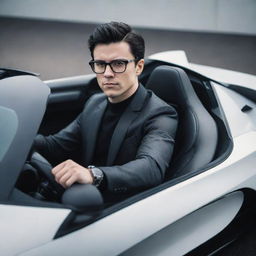 A stylish and handsome white boy with black hair and glasses, sitting behind the wheel of an ultra-modern hypersport car.