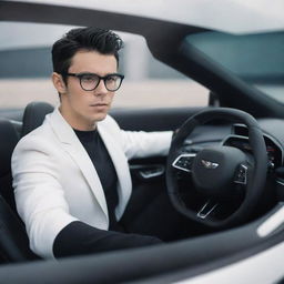 A stylish and handsome white boy with black hair and glasses, sitting behind the wheel of an ultra-modern hypersport car.