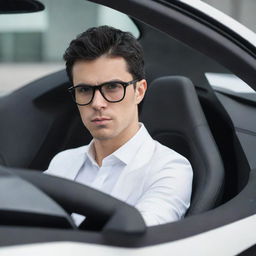 A stylish and handsome white boy with black hair and glasses, sitting behind the wheel of an ultra-modern hypersport car.