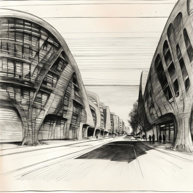 A pencil sketch of a streetscape in Zaha Hadid's architectural style with fluid, organic buildings lining a winding street.