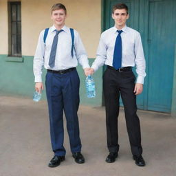 A 16-year-old teenager, 1.62 meters tall, dressed in a primary school uniform: black shoes, blue socks, gray trousers, black belt, and a white shirt with a blue tie. Alongside him, a peculiar looking man offering a bottle of water to the teenager.