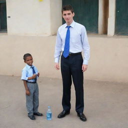 A 16-year-old teenager, 1.62 meters tall, dressed in a primary school uniform: black shoes, blue socks, gray trousers, black belt, and a white shirt with a blue tie. Alongside him, a peculiar looking man offering a bottle of water to the teenager.