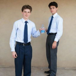 A 16-year-old teenager, 1.62 meters tall, dressed in a primary school uniform: black shoes, blue socks, gray trousers, black belt, and a white shirt with a blue tie. Alongside him, a peculiar looking man offering a bottle of water to the teenager.