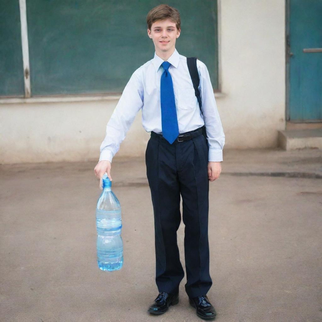 A 16-year-old teenager, 1.62 meters tall, dressed in a primary school uniform: black shoes, blue socks, gray trousers, black belt, and a white shirt with a blue tie. Alongside him, a peculiar looking man offering a bottle of water to the teenager.