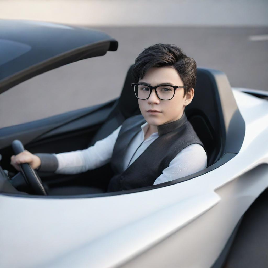 A 3D representation of a handsome young boy with white skin, black hair, and glasses driving a dazzling hypersport car.