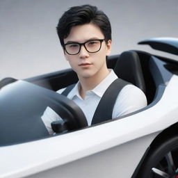 A 3D representation of a handsome young boy with white skin, black hair, and glasses driving a dazzling hypersport car.