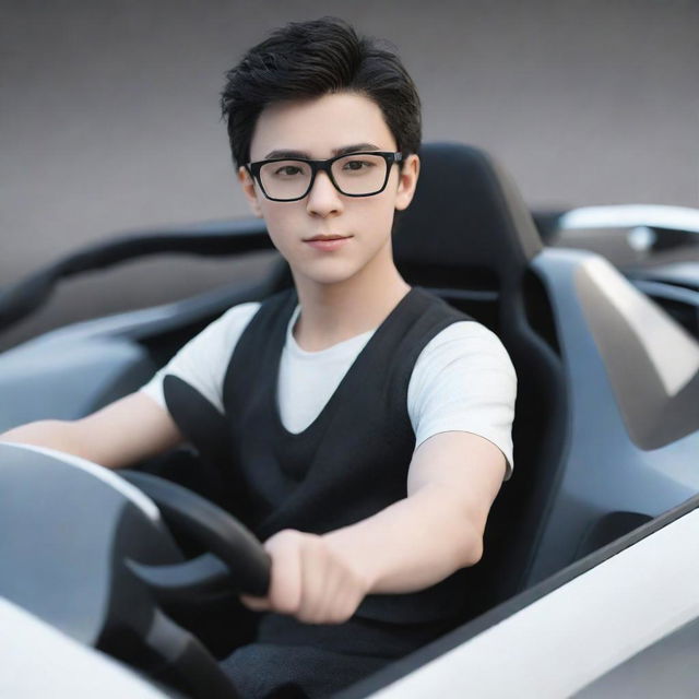 A 3D representation of a handsome young boy with white skin, black hair, and glasses driving a dazzling hypersport car.