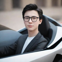 A 3D representation of a handsome young boy with white skin, black hair, and glasses driving a dazzling hypersport car.