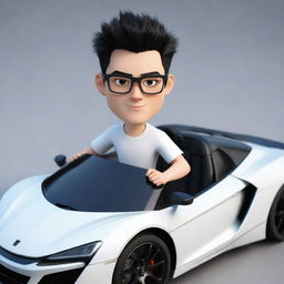 Create a 3D cartoon-styled handsome white boy with glasses and black hair, driving a sleek and cool hypersport car.