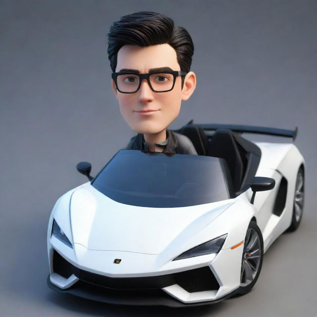 Create a 3D cartoon-styled handsome white boy with glasses and black hair, driving a sleek and cool hypersport car.