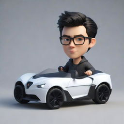 Create a 3D cartoon-styled handsome white boy with glasses and black hair, driving a sleek and cool hypersport car.