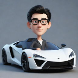 Create a 3D cartoon-styled handsome white boy with glasses and black hair, driving a sleek and cool hypersport car.