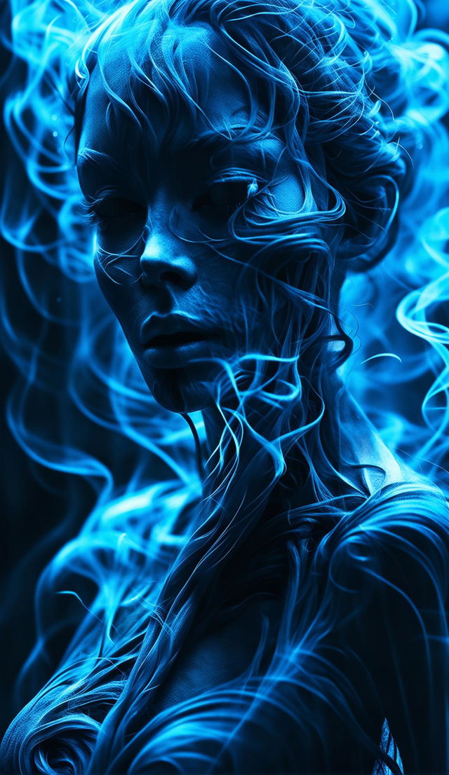 Ultra close-up cinematic photograph of the most beautiful ghost woman ever seen, her face intricately formed from smoke, with lifeless, unseeing electric blue eyes and neon-streaked hair against a blurred dystopian cityscape.