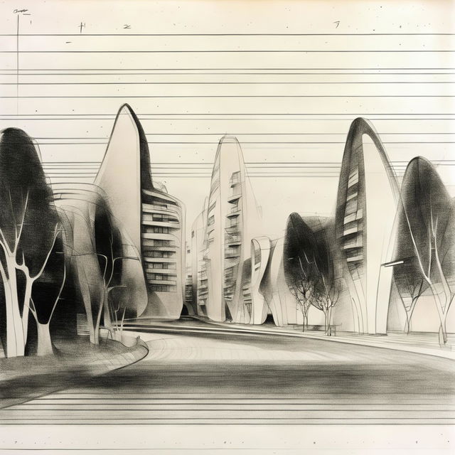 A flat elevational pencil sketch of a streetscape in Zaha Hadid's architectural style with fluid, organic buildings.