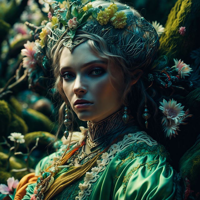 Hyper-realistic 3D rococo photograph of a Russian elf woman in a mystical forest, dressed in a vibrant, detailed gown, surrounded by a vibrant array of flowers. The image is high definition, close-up, and filled with intricate details, exuding fantasy and spirit vibes.