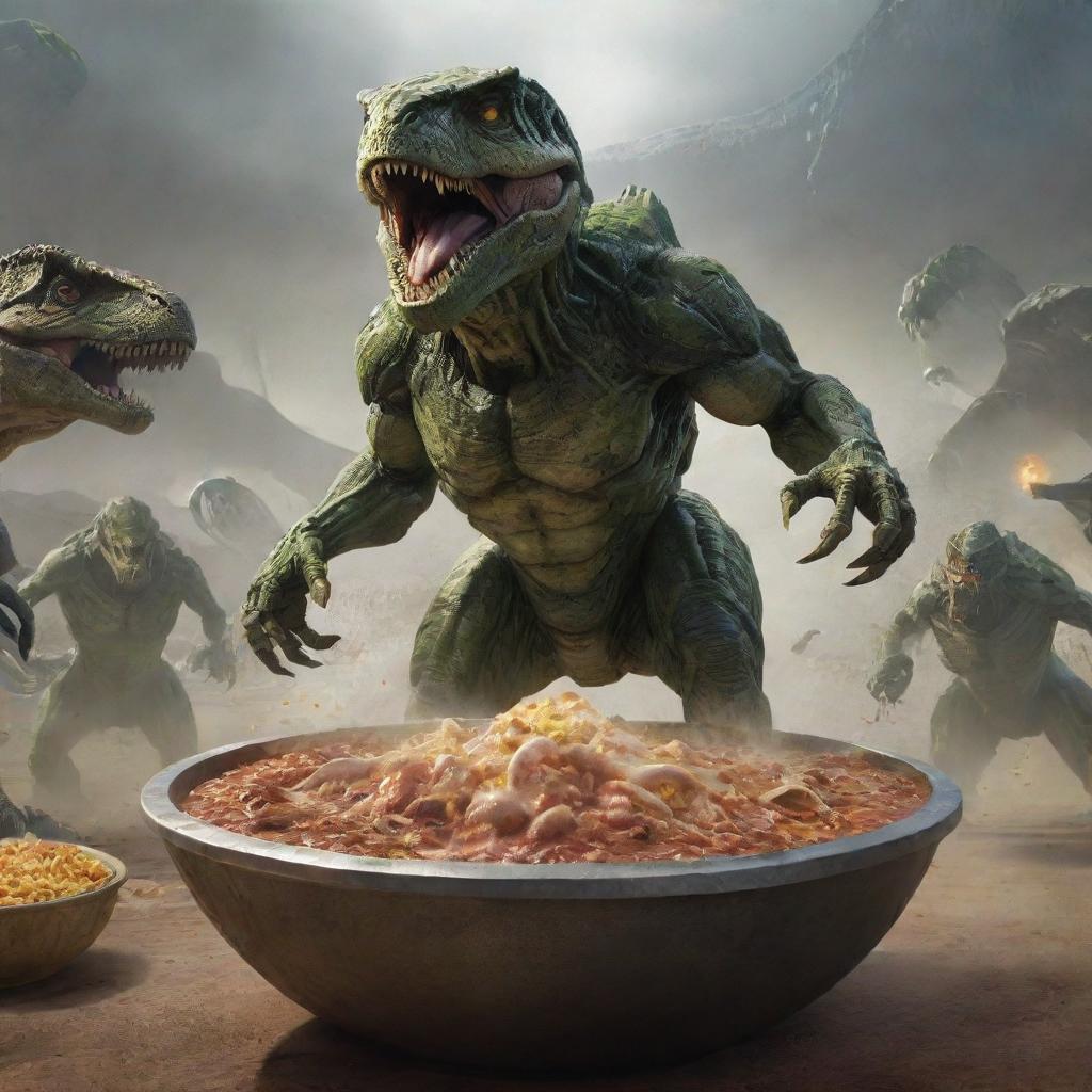 Master Chief riding a Tyrannosaurus rex being chased by Covenant aliens traveling in gigantic bowls of pozole