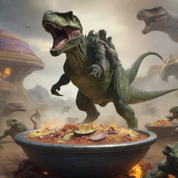 Master Chief riding a Tyrannosaurus rex being chased by Covenant aliens traveling in gigantic bowls of pozole