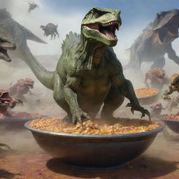 Master Chief riding a Tyrannosaurus rex being chased by Covenant aliens traveling in gigantic bowls of pozole