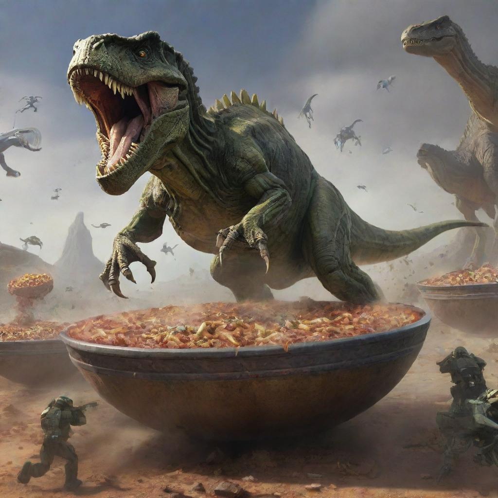 Master Chief riding a Tyrannosaurus rex being chased by Covenant aliens traveling in gigantic bowls of pozole