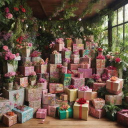 A lush paradise overflowing with beautifully wrapped gifts of all shapes and sizes, piling from floor to sky, surrounded by vibrant flora.