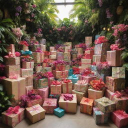 A lush paradise overflowing with beautifully wrapped gifts of all shapes and sizes, piling from floor to sky, surrounded by vibrant flora.