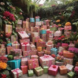 A lush paradise overflowing with beautifully wrapped gifts of all shapes and sizes, piling from floor to sky, surrounded by vibrant flora.