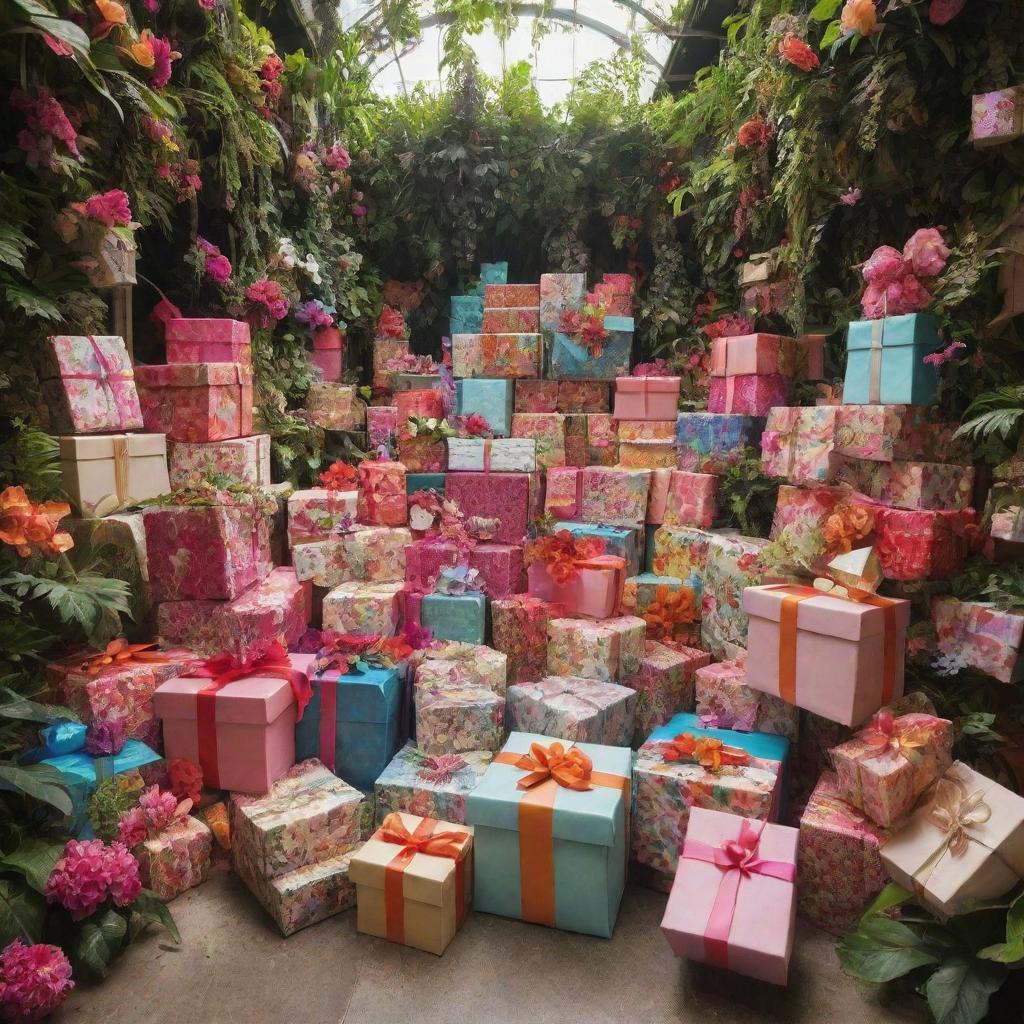 A lush paradise overflowing with beautifully wrapped gifts of all shapes and sizes, piling from floor to sky, surrounded by vibrant flora.