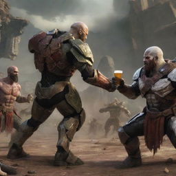 Master Chief and Kratos in combat, with Jesus and Zeus observing them while sharing a beer