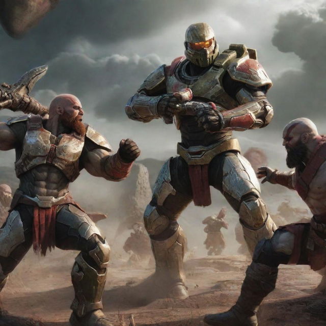 Master Chief and Kratos in combat, with Jesus and Zeus observing them while sharing a beer