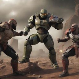 Master Chief and Kratos in combat, with Jesus and Zeus observing them while sharing a beer