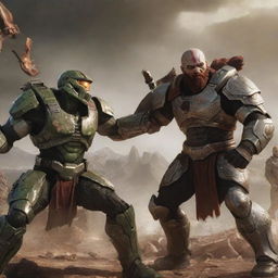 Master Chief and Kratos in combat, with Jesus and Zeus observing them while sharing a beer