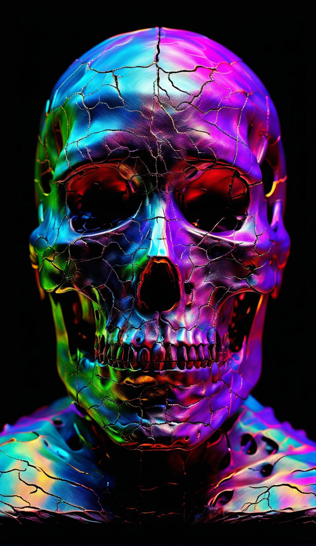 An 8K digital art piece featuring an iridescent skull under dramatic cinematic lighting against a stark black background.