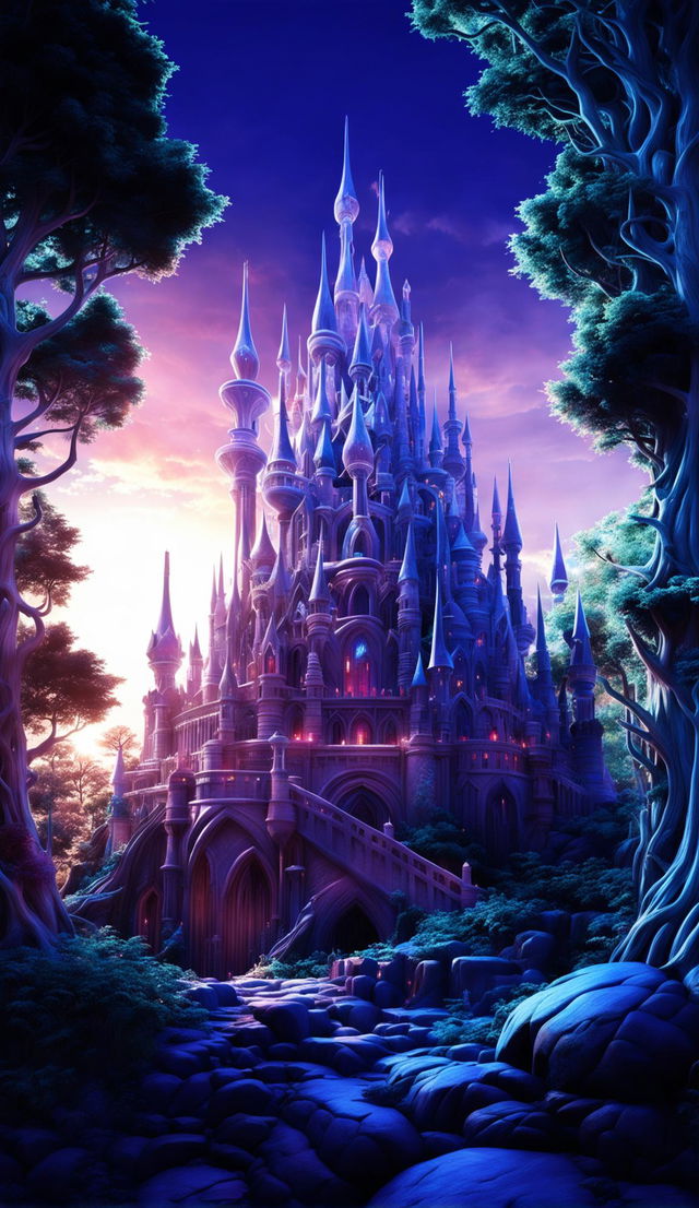 An elven castle made of amethyst with ruby, sapphire and emerald features stands in an enchanted forest at dusk. The scene is lit with cinematic lighting and rendered in 8K resolution.