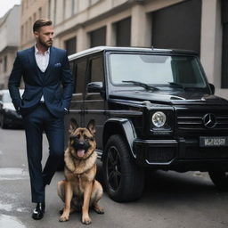 A stylish, enigmatic man leaning nonchalantly against a glossy Mercedes G-Wagon, with a imposing, well-trained German Shepherd at his side, in an atmosphere that screams sophisticated mafia.