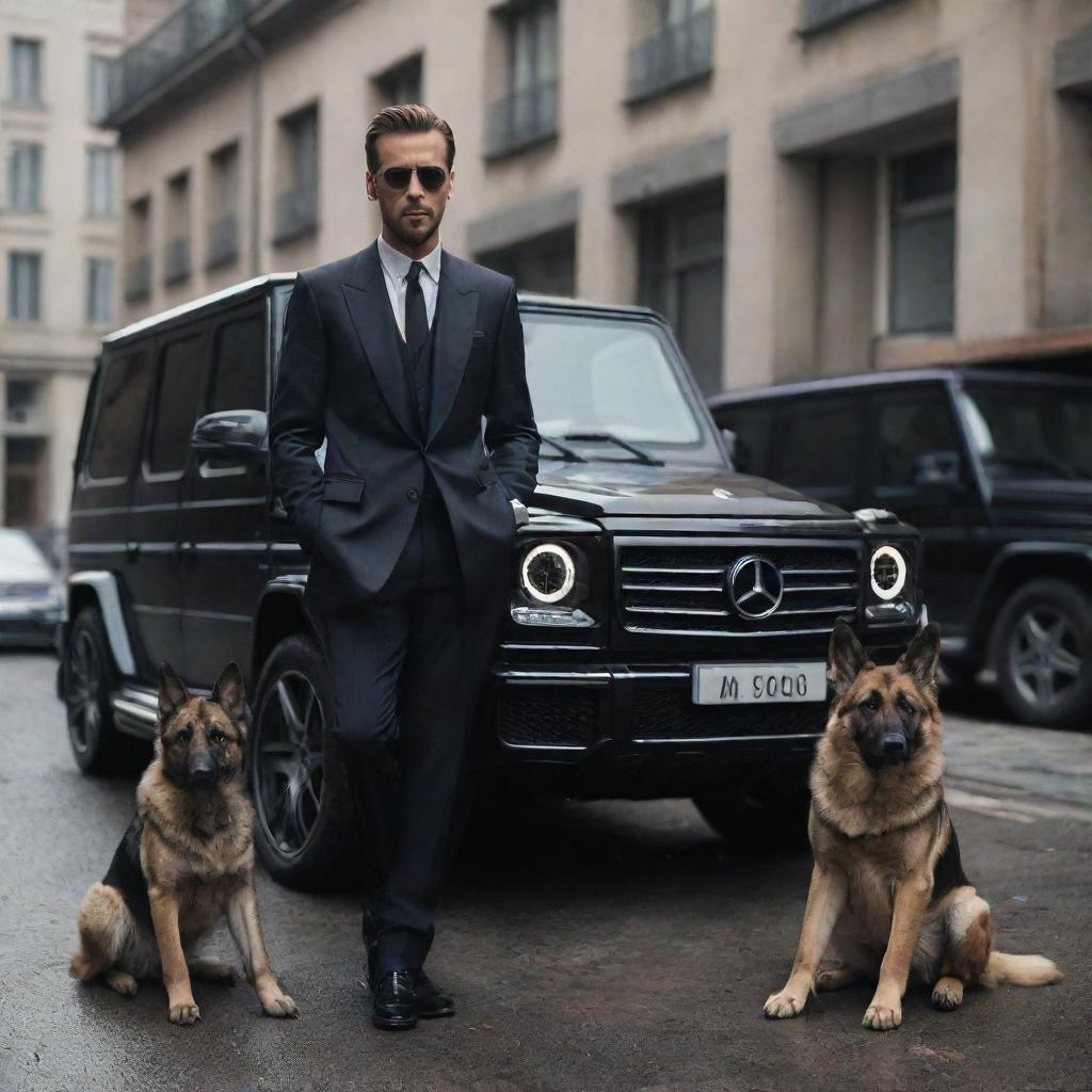 A stylish, enigmatic man leaning nonchalantly against a glossy Mercedes G-Wagon, with a imposing, well-trained German Shepherd at his side, in an atmosphere that screams sophisticated mafia.