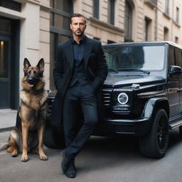 A stylish, enigmatic man leaning nonchalantly against a glossy Mercedes G-Wagon, with a imposing, well-trained German Shepherd at his side, in an atmosphere that screams sophisticated mafia.