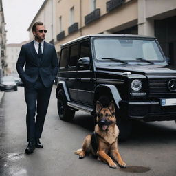 A stylish, enigmatic man leaning nonchalantly against a glossy Mercedes G-Wagon, with a imposing, well-trained German Shepherd at his side, in an atmosphere that screams sophisticated mafia.