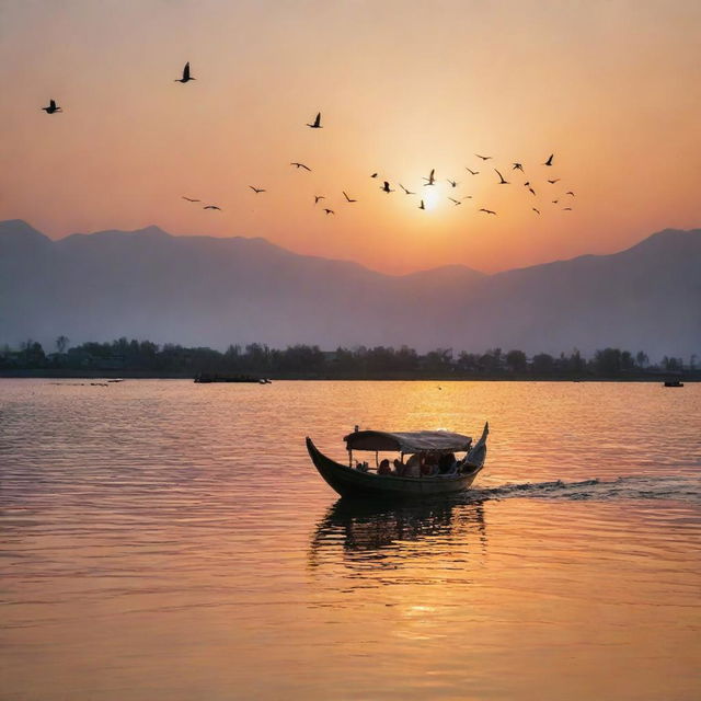 A traditional Shikara boat peacefully floating on the vibrant Dal Lake with a flock of birds skimming the water surface and flying in the colorful sunset sky.