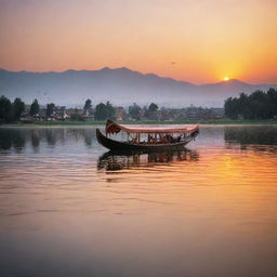 A traditional Shikara boat peacefully floating on the vibrant Dal Lake with a flock of birds skimming the water surface and flying in the colorful sunset sky.