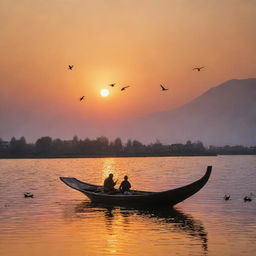 A traditional Shikara boat peacefully floating on the vibrant Dal Lake with a flock of birds skimming the water surface and flying in the colorful sunset sky.