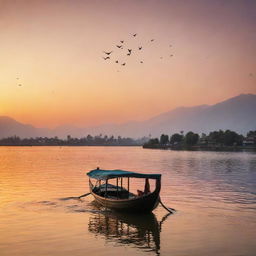 A traditional Shikara boat peacefully floating on the vibrant Dal Lake with a flock of birds skimming the water surface and flying in the colorful sunset sky.