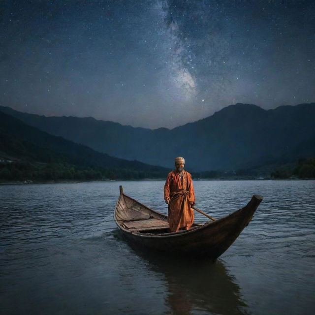 A Kashmiri man clad in traditional attire expertly navigating a Shikara boat on the turbulent waters under the dark, windy night sky filled with stars