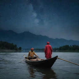 A Kashmiri man clad in traditional attire expertly navigating a Shikara boat on the turbulent waters under the dark, windy night sky filled with stars