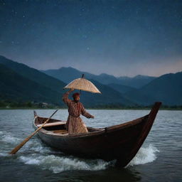 A Kashmiri man clad in traditional attire expertly navigating a Shikara boat on the turbulent waters under the dark, windy night sky filled with stars