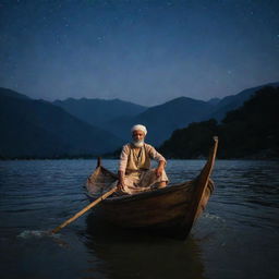 A Kashmiri man clad in traditional attire expertly navigating a Shikara boat on the turbulent waters under the dark, windy night sky filled with stars